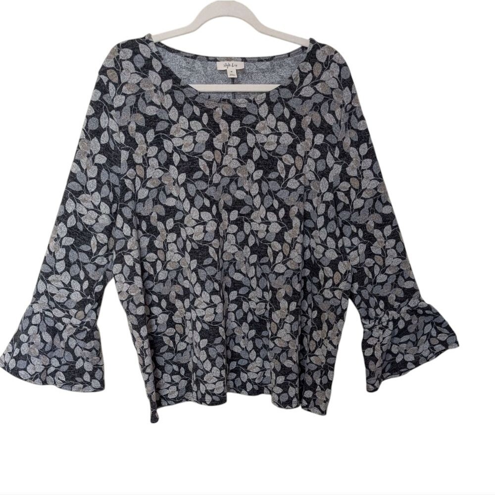 Style & Co knit top women's 3X leaf print lantern sleeve scoop neck plus - Picture 1 of 10